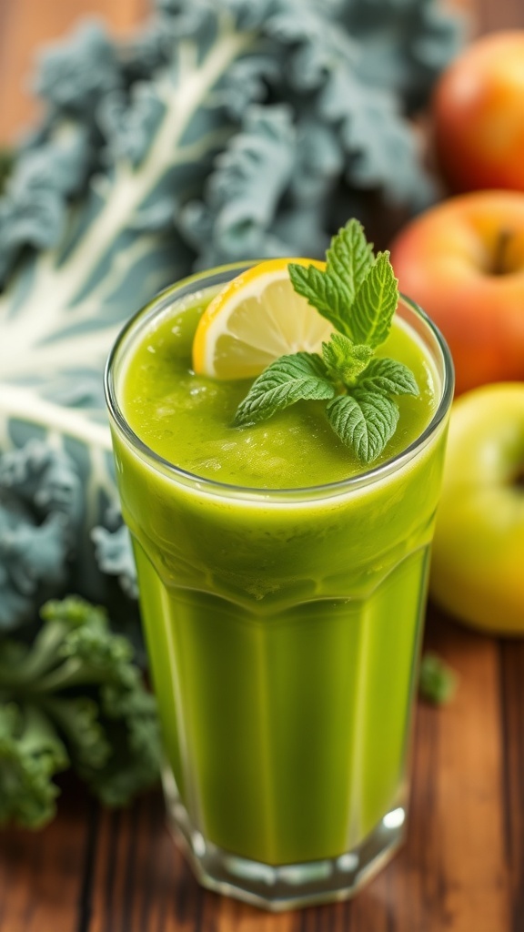 A glass of green kale juice with lemon garnish, surrounded by fresh kale and apples.